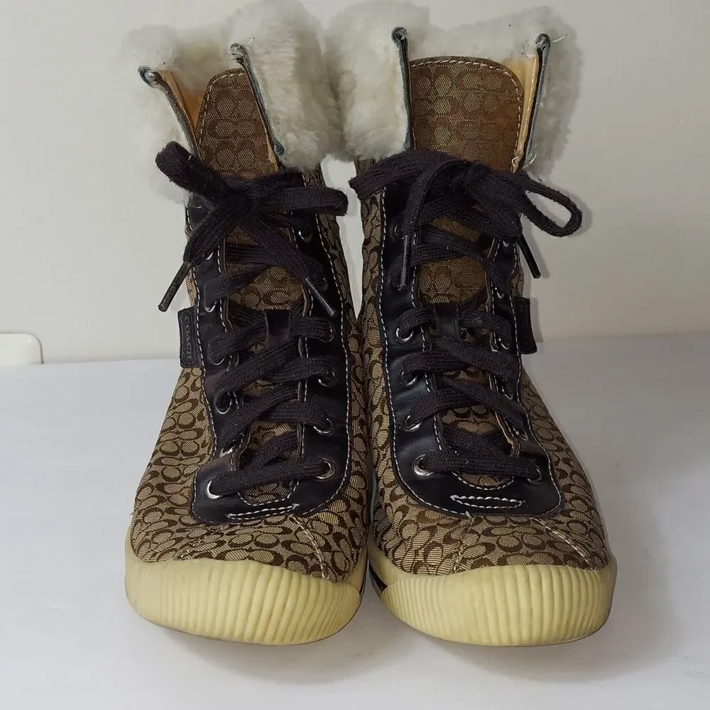 Coach Nancy Signature Fur Trim Boots Sz 6.5